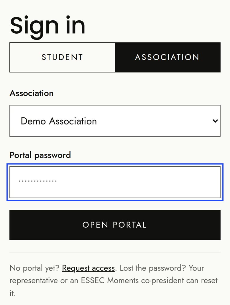 L'onglet Association de la page de connexion, avec une association de démo (en anglais)