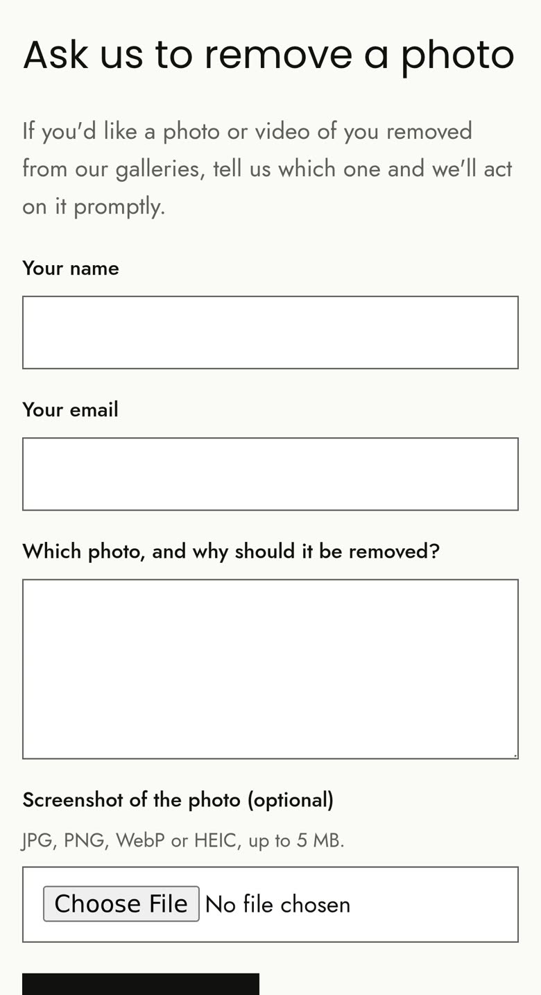 Le formulaire de demande de retrait sur la page Contact (en anglais)